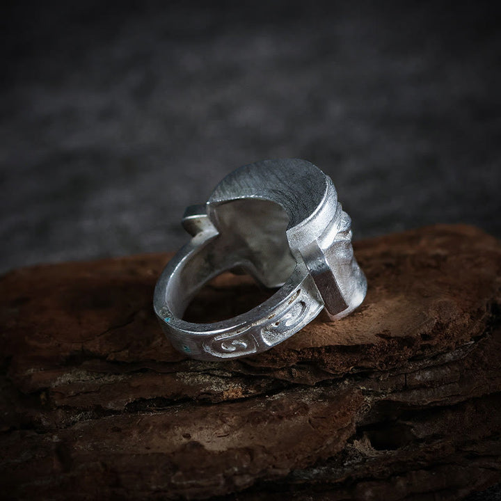 Buddha Stones 999 Srebro Sterlingowe Odlew Ręczny Pierścień Ochronny Maski Sanxingdui - image 4