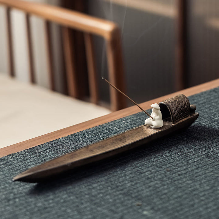 Buddha Stones Rybak Zen Uzdrawiający Brązowy Ceramiczny Kadzidełko Dekoracja Palnika - image 2