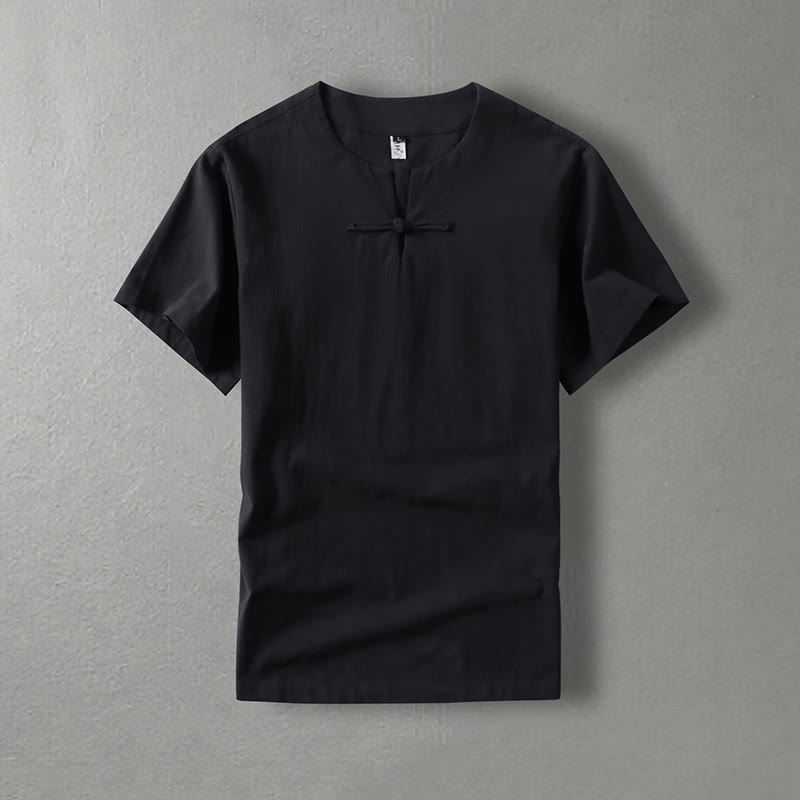 Koszula męska z krótkim rękawem i guzikiem w jednolitym kolorze Buddha Stones z bawełny i lnu - Czarny - US/UK/AU54， EU64 (9XL) - image 2