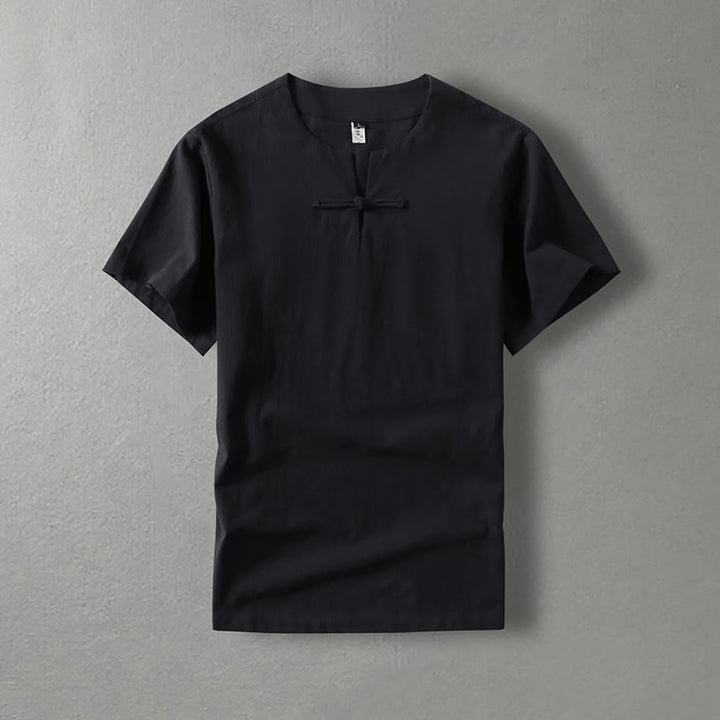 Koszula męska z krótkim rękawem i guzikiem w jednolitym kolorze Buddha Stones z bawełny i lnu - Czarny - US/UK/AU54， EU64 (9XL) - image 2