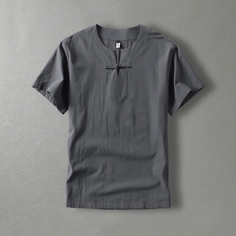 Koszula męska z krótkim rękawem i guzikiem w jednolitym kolorze Buddha Stones z bawełny i lnu - Szary - US/UK/AU54， EU64 (9XL) - image 0
