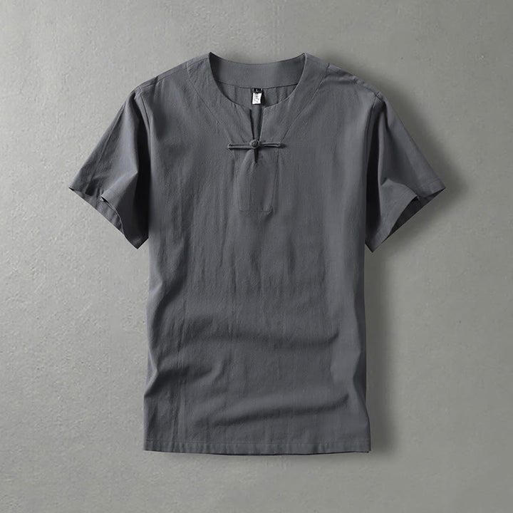 Koszula męska z krótkim rękawem i guzikiem w jednolitym kolorze Buddha Stones z bawełny i lnu - Szary - US/UK/AU54， EU64 (9XL) - image 0
