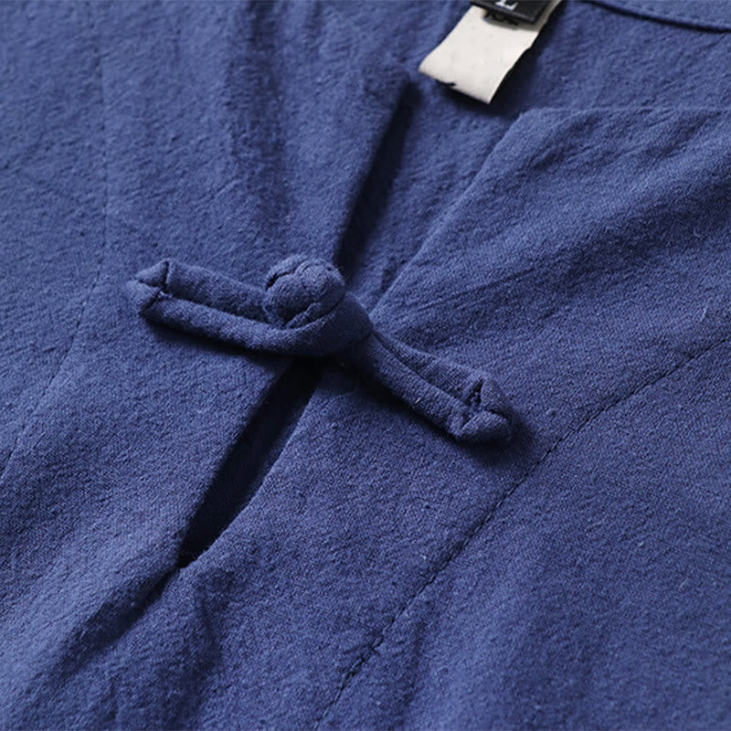 Koszula męska z krótkim rękawem i guzikiem w jednolitym kolorze Buddha Stones z bawełny i lnu - image 8