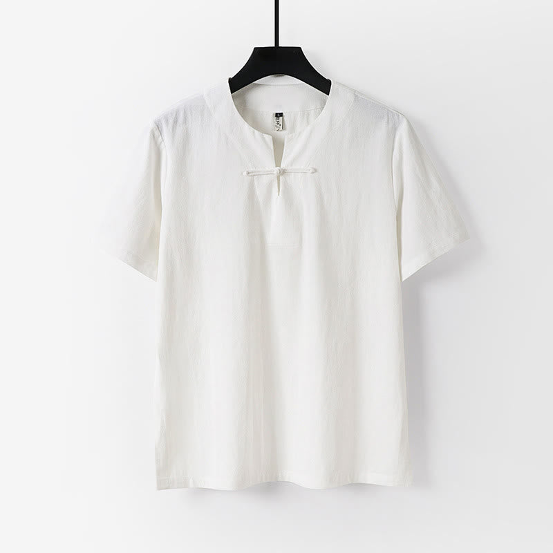 Koszula męska z krótkim rękawem i guzikiem w jednolitym kolorze z Buddha Stones, bawełny i lnu - Biały - US/UK/AU54， EU64 (9XL) - image 1