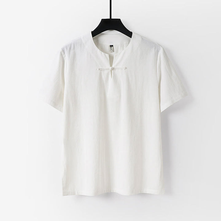 Koszula męska z krótkim rękawem i guzikiem w jednolitym kolorze z Buddha Stones, bawełny i lnu - Biały - US/UK/AU54， EU64 (9XL) - image 1