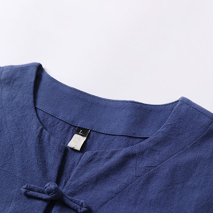 Koszula męska z krótkim rękawem i guzikiem w jednolitym kolorze z Buddha Stones, bawełny i lnu - image 7