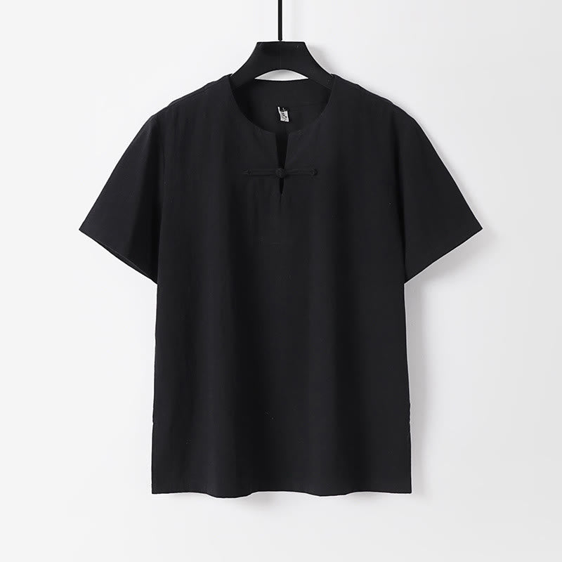 Koszula męska z krótkim rękawem i guzikiem w jednolitym kolorze z Buddha Stones, bawełny i lnu - Czarny - US/UK/AU54， EU64 (9XL) - image 2