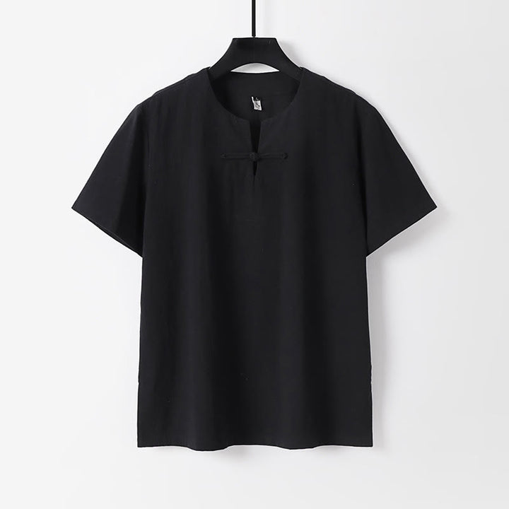 Koszula męska z krótkim rękawem i guzikiem w jednolitym kolorze z Buddha Stones, bawełny i lnu - Czarny - US/UK/AU54， EU64 (9XL) - image 2