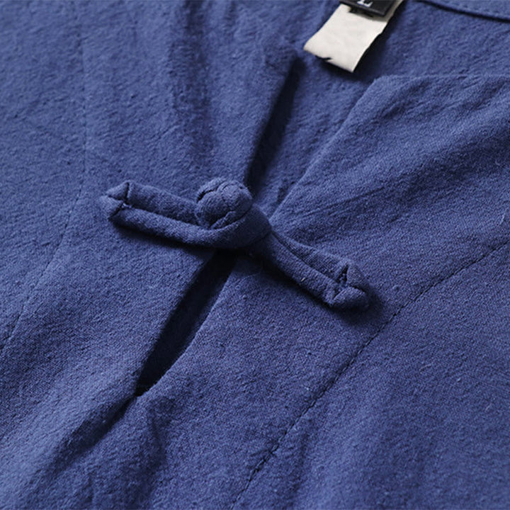 Koszula męska z krótkim rękawem i guzikiem w jednolitym kolorze z Buddha Stones, bawełny i lnu - image 8