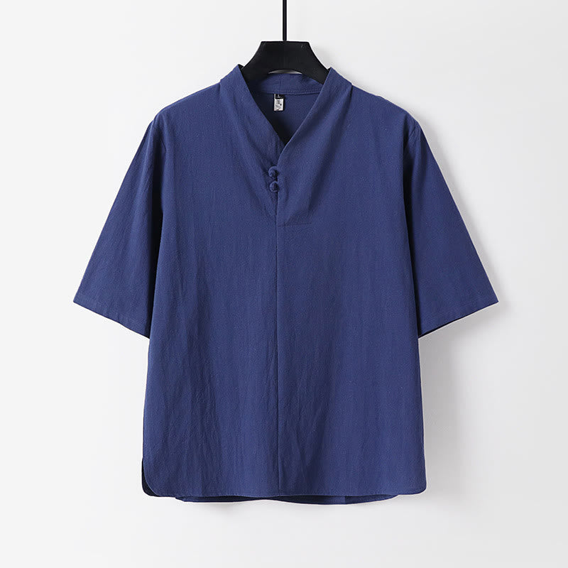 Koszula męska Buddha Stones Casual Plain Color Dwa guziki Rękawy trzy czwarte Bawełna Len - Ciemnoniebieski - US/UK/AU54， EU64 (9XL) - image 0
