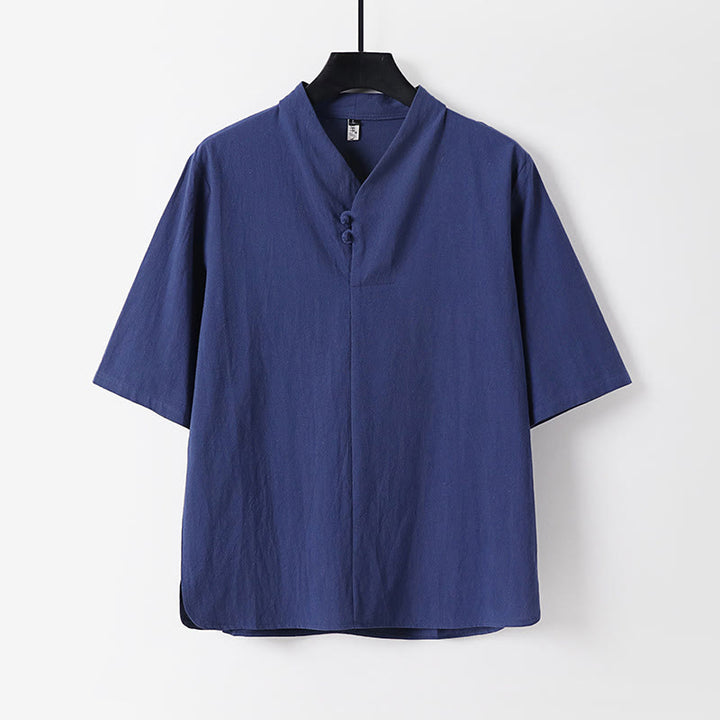 Koszula męska Buddha Stones Casual Plain Color Dwa guziki Rękawy trzy czwarte Bawełna Len - Ciemnoniebieski - US/UK/AU54， EU64 (9XL) - image 0