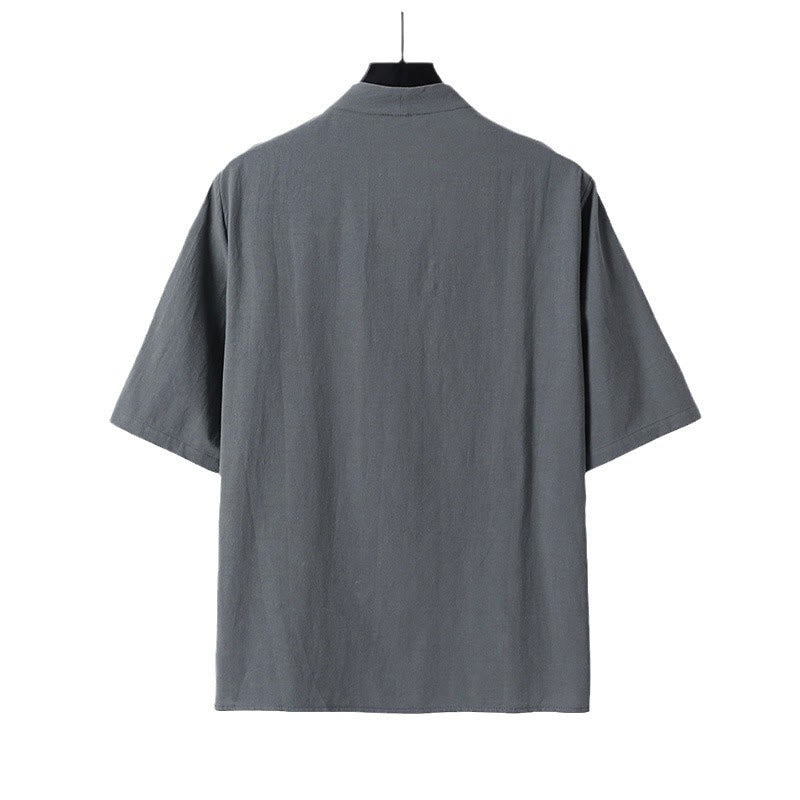 Koszula męska Buddha Stones Casual Plain Color Dwa guziki Rękawy trzy czwarte Bawełna Len
