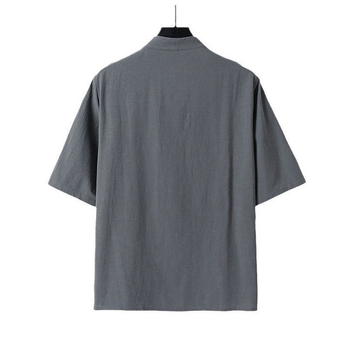 Koszula męska Buddha Stones Casual Plain Color Dwa guziki Rękawy trzy czwarte Bawełna Len - image 3