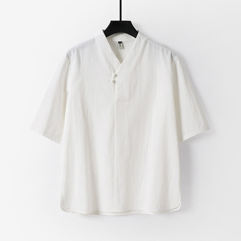Koszula męska Buddha Stones Casual Plain Color Dwa guziki Rękawy trzy czwarte Bawełna Len