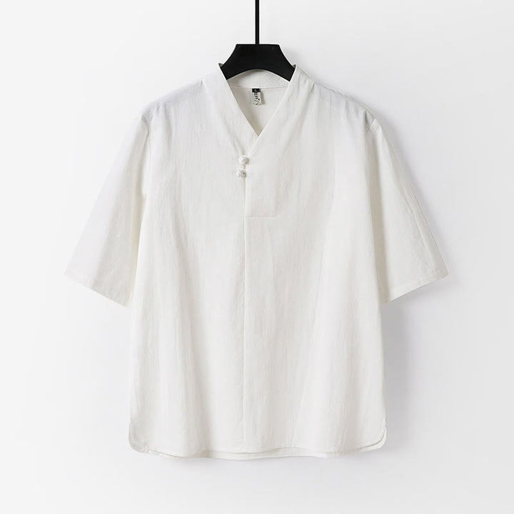 Koszula męska Buddha Stones Casual Plain Color Dwa guziki Rękawy trzy czwarte Bawełna Len - Biały - US/UK/AU54， EU64 (9XL) - image 1