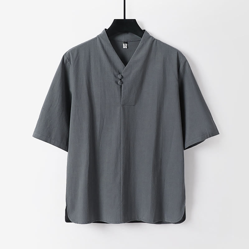 Koszula męska Buddha Stones Casual Plain Color Dwa guziki Rękawy trzy czwarte Bawełna Len