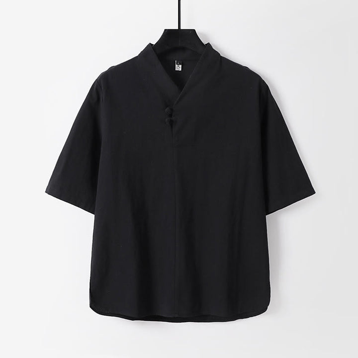 Koszula męska Buddha Stones Casual Plain Color Dwa guziki Rękawy trzy czwarte Bawełna Len