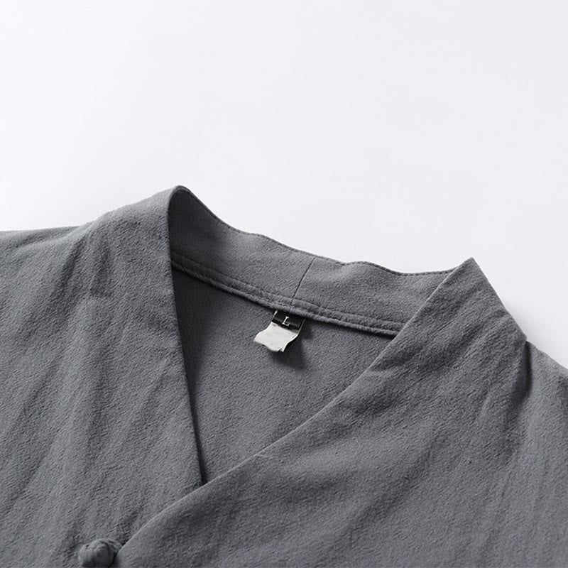 Koszula męska Buddha Stones Casual Plain Color Dwa guziki Rękawy trzy czwarte Bawełna Len