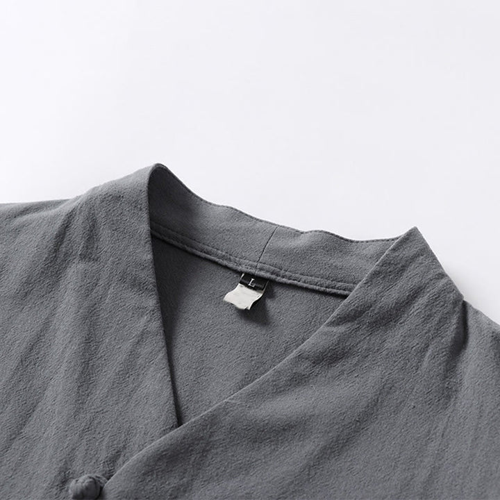 Koszula męska Buddha Stones Casual Plain Color Dwa guziki Rękawy trzy czwarte Bawełna Len