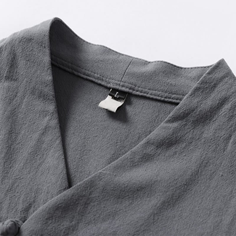 Koszula męska z bawełny Buddha Stones Casual Plain Color Dwa guziki Dekolt w serek Rękaw trzy czwarte - image 6