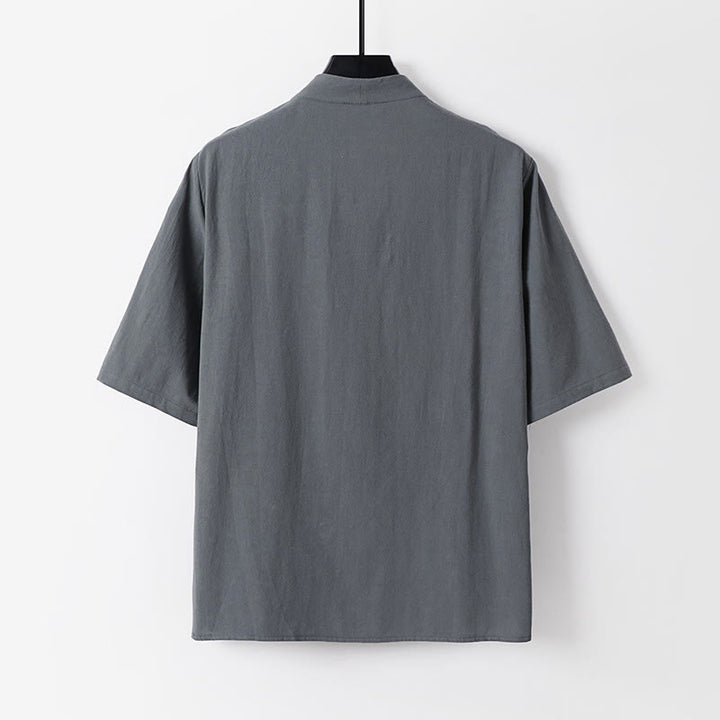 Koszula męska z bawełny Buddha Stones Casual Plain Color Dwa guziki Dekolt w serek Rękaw trzy czwarte