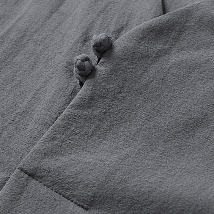 Koszula męska z bawełny Buddha Stones Casual Plain Color Dwa guziki Dekolt w serek Rękaw trzy czwarte - image 7