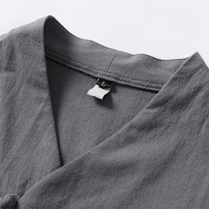 Koszula męska z bawełny Buddha Stones Casual Plain Color Dwa guziki Dekolt w serek Rękaw trzy czwarte