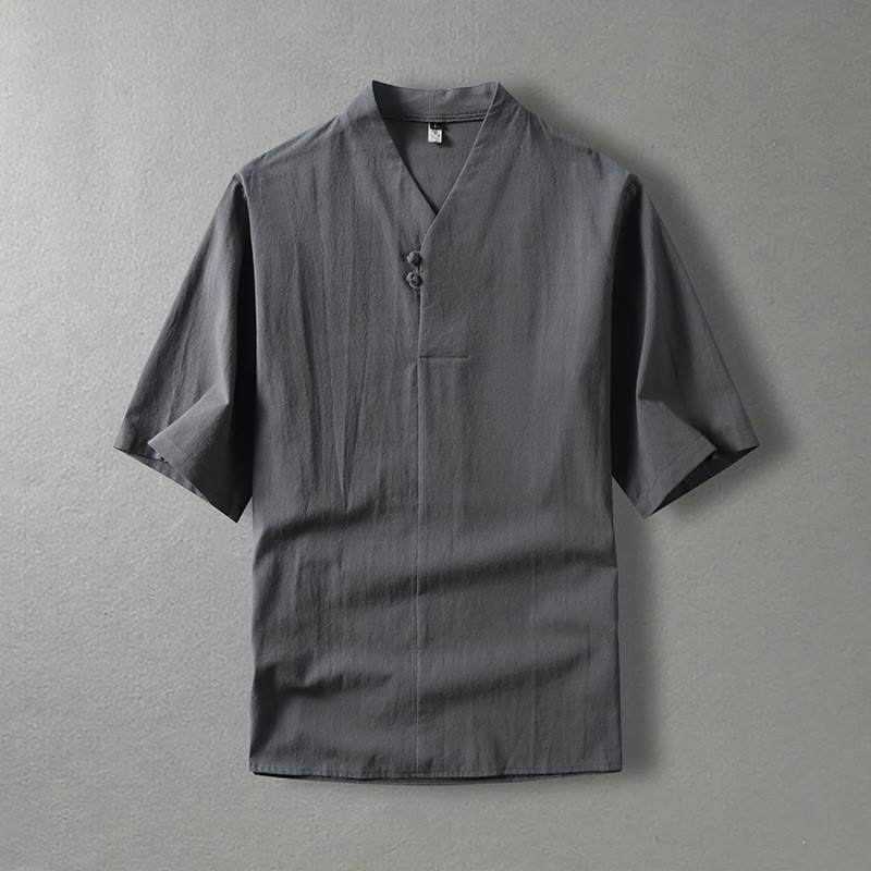 Koszula męska z bawełny Buddha Stones Casual Plain Color Dwa guziki Dekolt w serek Rękaw trzy czwarte