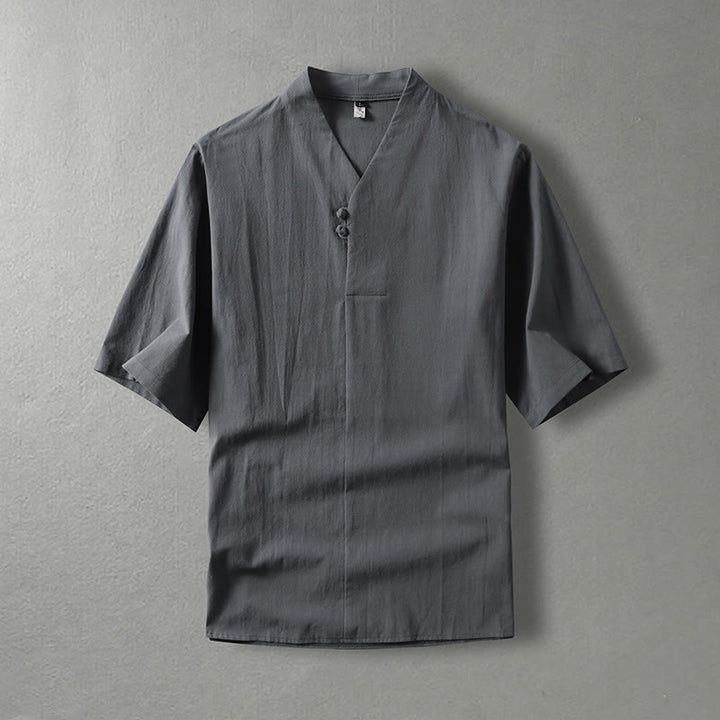 Koszula męska z bawełny Buddha Stones Casual Plain Color Dwa guziki Dekolt w serek Rękaw trzy czwarte