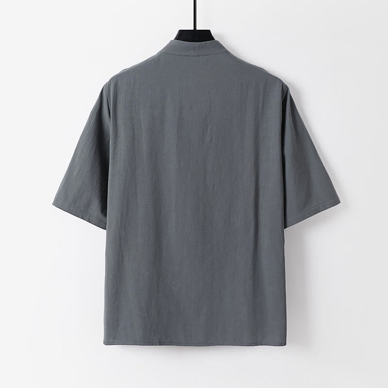 Koszula męska z bawełny Buddha Stones Casual Plain Color Dwa guziki Dekolt w serek Rękaw trzy czwarte - image 3