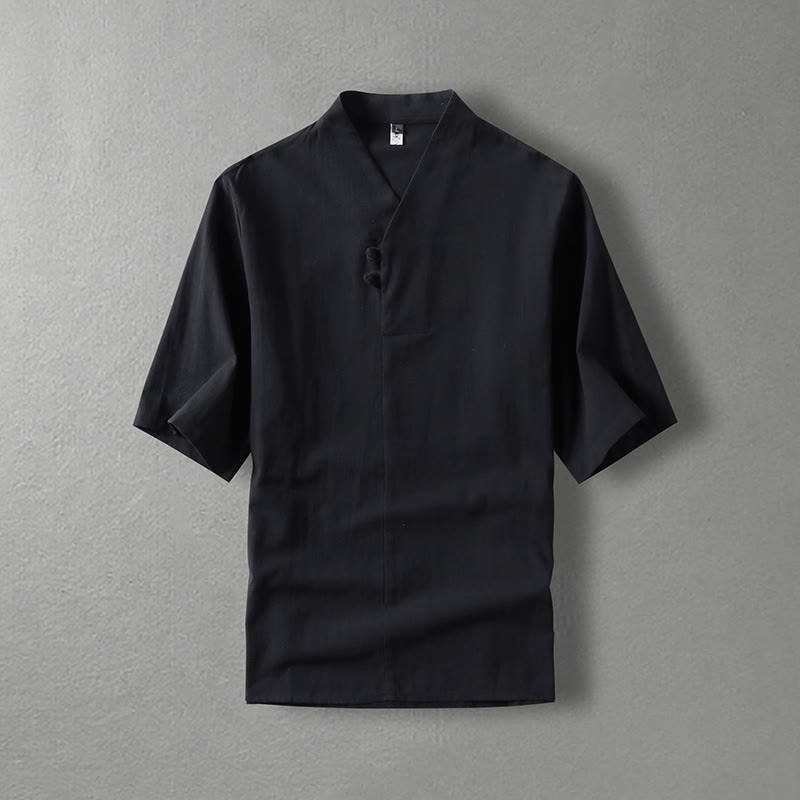 Koszula męska z bawełny Buddha Stones Casual Plain Color Dwa guziki Dekolt w serek Rękaw trzy czwarte