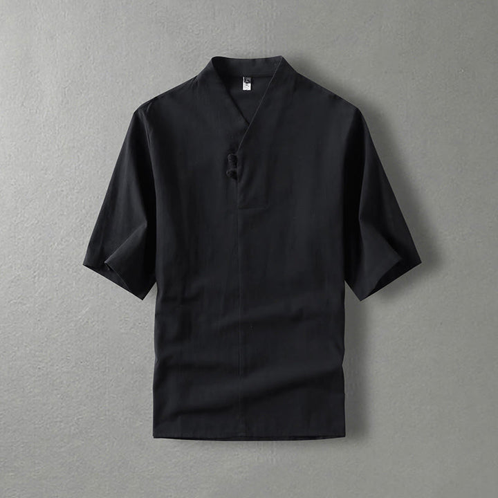 Koszula męska z bawełny Buddha Stones Casual Plain Color Dwa guziki Dekolt w serek Rękaw trzy czwarte