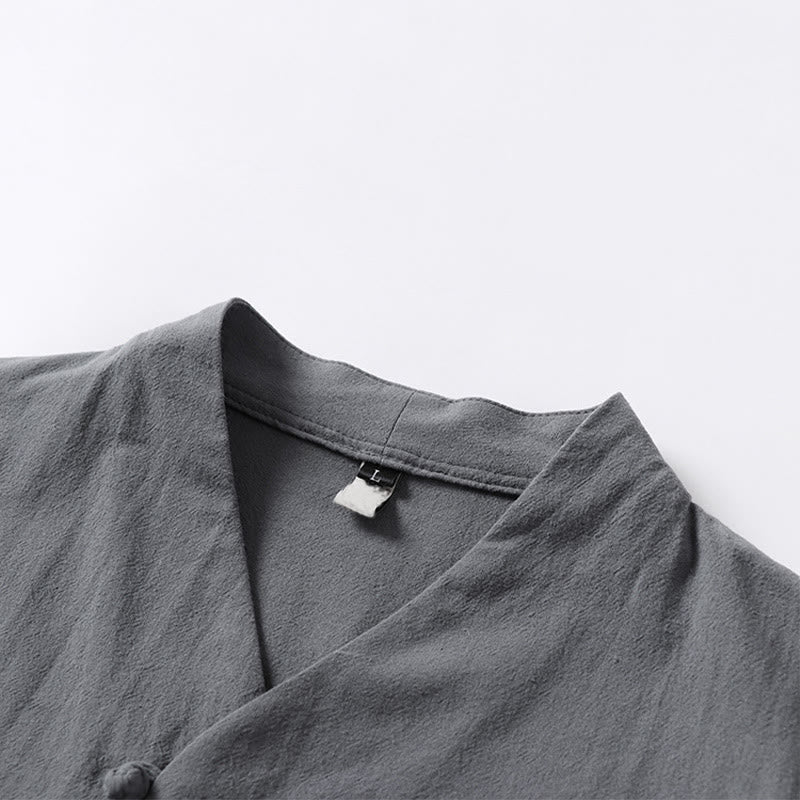 Koszula męska z bawełny Buddha Stones Casual Plain Color Dwa guziki Dekolt w serek Rękaw trzy czwarte