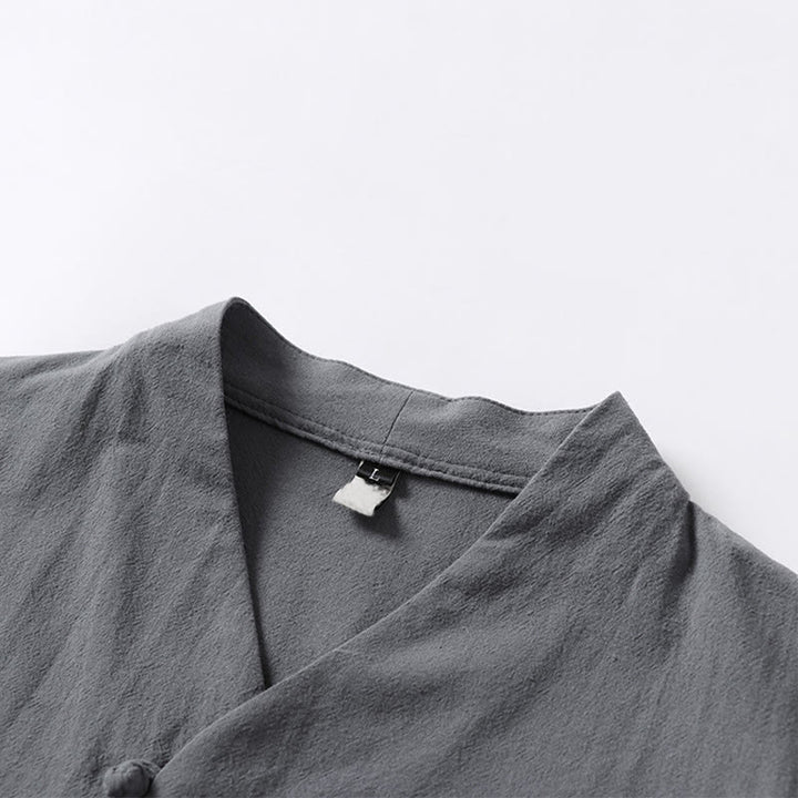 Koszula męska z bawełny Buddha Stones Casual Plain Color Dwa guziki Dekolt w serek Rękaw trzy czwarte