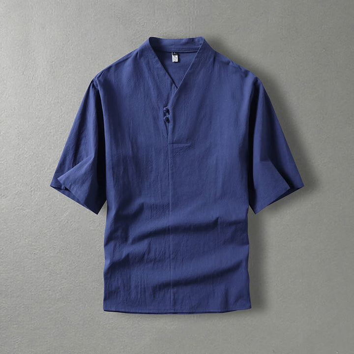 Koszula męska z bawełny Buddha Stones Casual Plain Color Dwa guziki Dekolt w serek Rękaw trzy czwarte