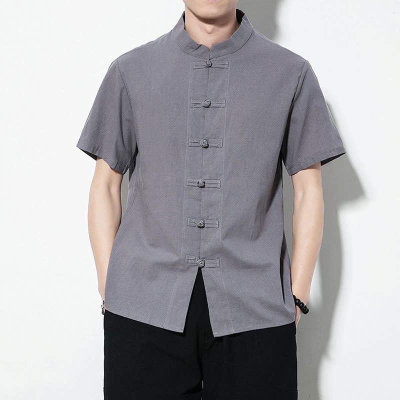 Buddha Stones Casual Jednokolorowe Przód Żaba Guziki Chiński Tang Suit Krótki Rękaw Lniana Męska Koszula - Szary - US/UK/AU46， EU56 (5XL) - image 22
