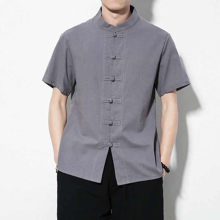 Buddha Stones Casual Jednokolorowe Przód Żaba Guziki Chiński Tang Suit Krótki Rękaw Lniana Męska Koszula - Szary - US/UK/AU46， EU56 (5XL) - image 22
