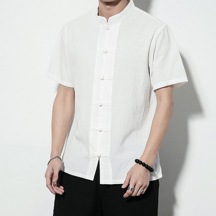 Buddha Stones Casual Jednokolorowe Przód Żaba Guziki Chiński Tang Suit Krótki Rękaw Lniana Męska Koszula - image 10