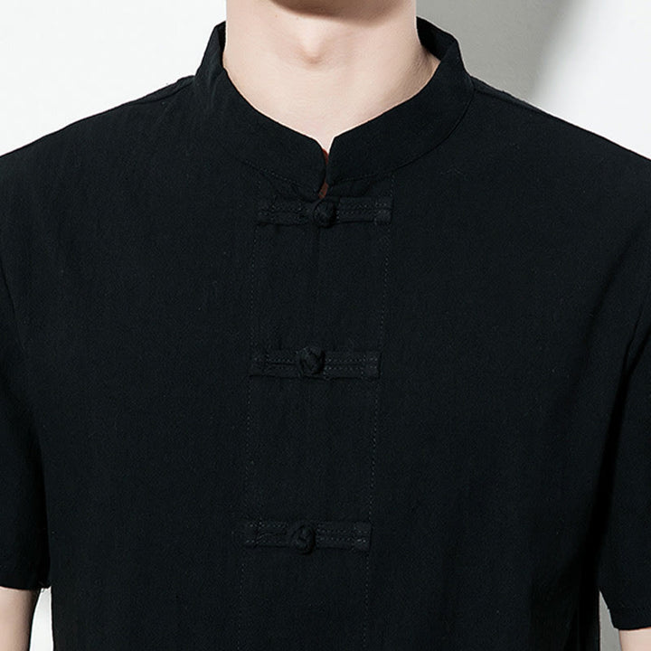 Buddha Stones Casual Jednokolorowe Przód Żaba Guziki Chiński Tang Suit Krótki Rękaw Lniana Męska Koszula - image 19