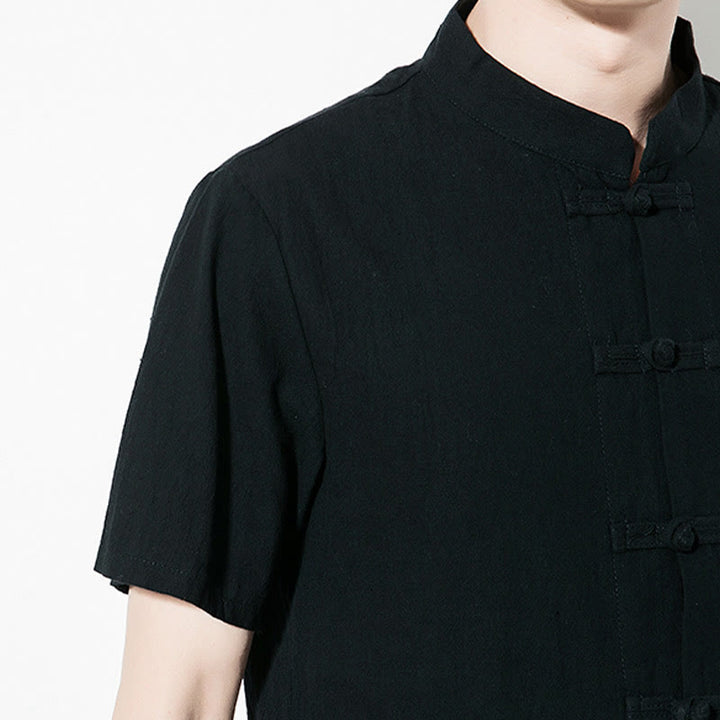 Buddha Stones Casual Jednokolorowe Przód Żaba Guziki Chiński Tang Suit Krótki Rękaw Lniana Męska Koszula - image 20