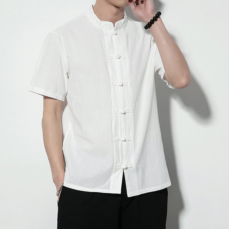Buddha Stones Casual Jednokolorowe Przód Żaba Guziki Chiński Tang Suit Krótki Rękaw Lniana Męska Koszula - image 12