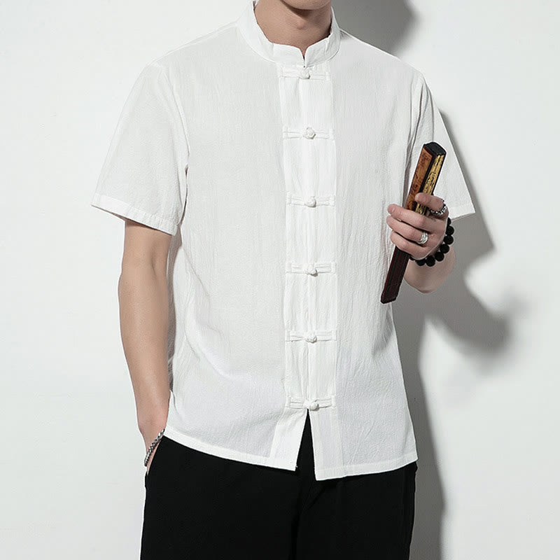 Buddha Stones Casual Jednokolorowe Przód Żaba Guziki Chiński Tang Suit Krótki Rękaw Lniana Męska Koszula - image 15