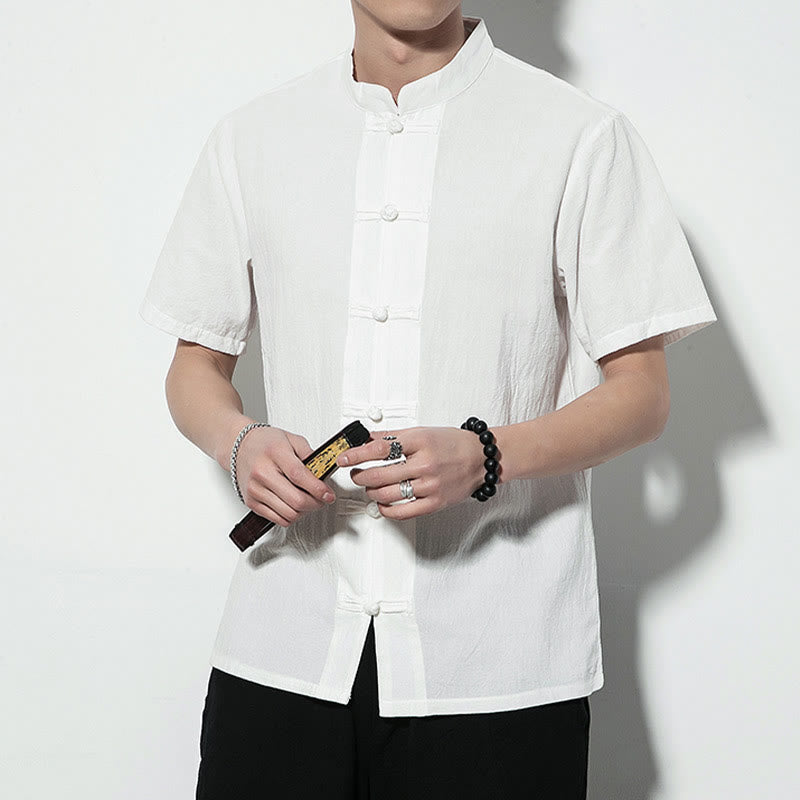 Buddha Stones Casual Jednokolorowe Przód Żaba Guziki Chiński Tang Suit Krótki Rękaw Lniana Męska Koszula - image 14