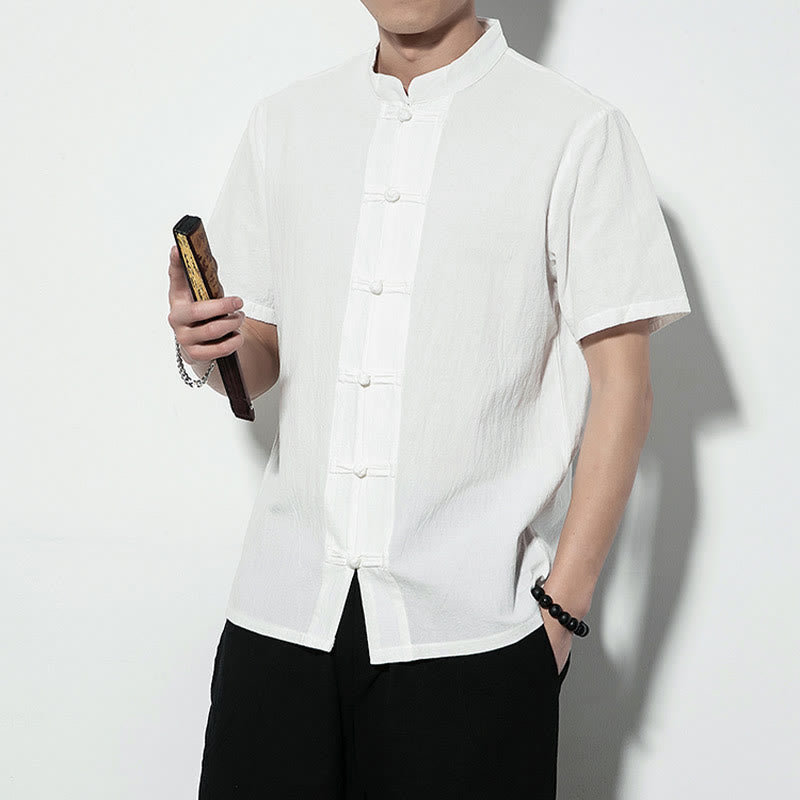 Buddha Stones Casual Jednokolorowe Przód Żaba Guziki Chiński Tang Suit Krótki Rękaw Lniana Męska Koszula - image 16