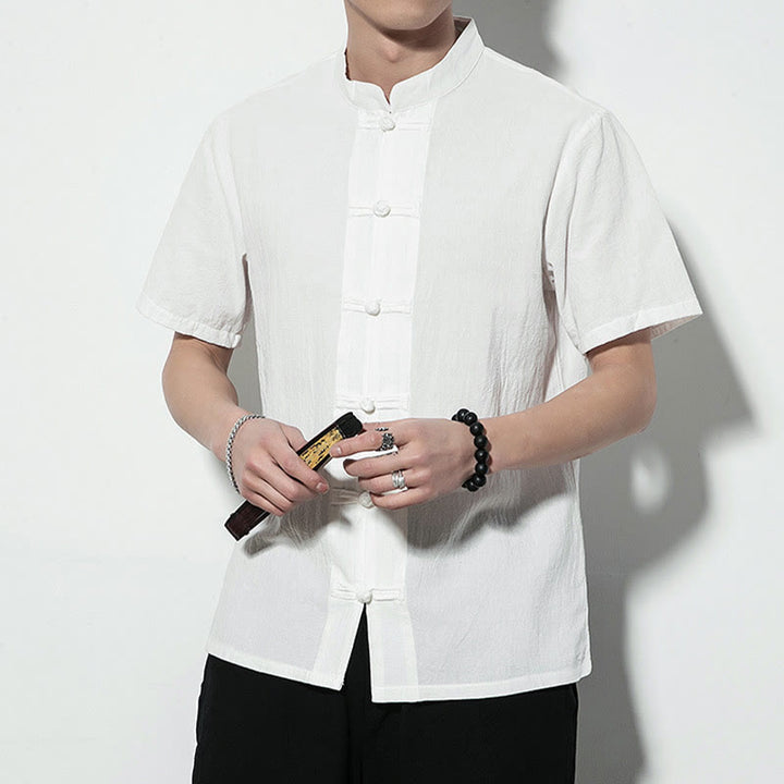 Buddha Stones Casual Jednokolorowe Przód Żaba Guziki Chiński Tang Suit Krótki Rękaw Lniana Męska Koszula - image 14