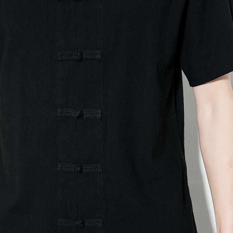 Buddha Stones Casual Jednokolorowe Przód Żaba Guziki Chiński Tang Suit Krótki Rękaw Lniana Męska Koszula - image 21