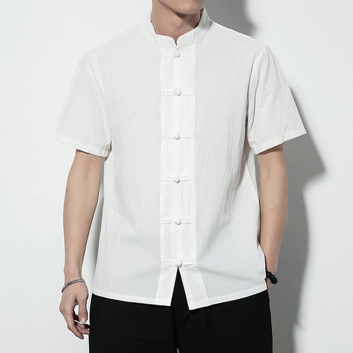 Buddha Stones Casual Jednokolorowe Przód Żaba Guziki Chiński Tang Suit Krótki Rękaw Lniana Męska Koszula - image 11