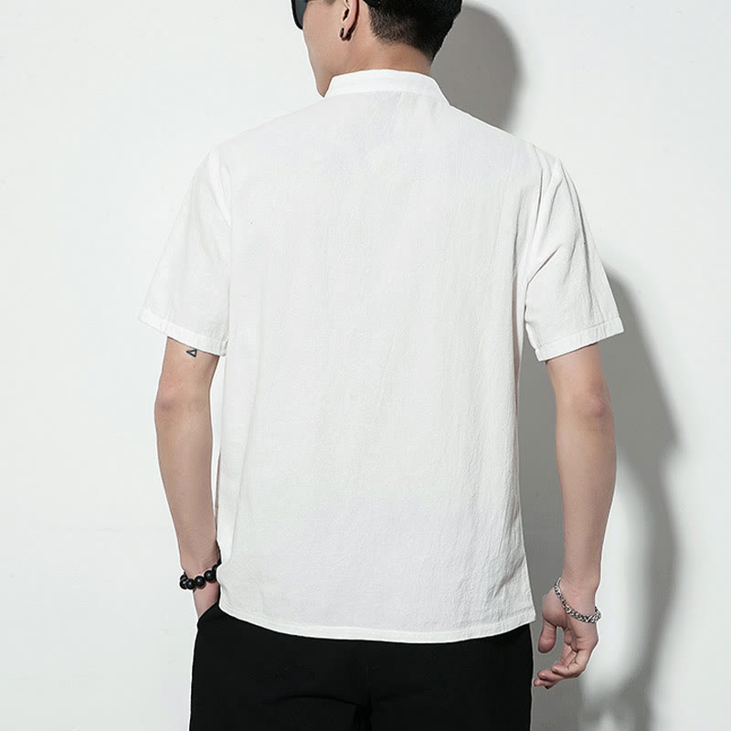 Buddha Stones Casual Jednokolorowe Przód Żaba Guziki Chiński Tang Suit Krótki Rękaw Lniana Męska Koszula - image 13