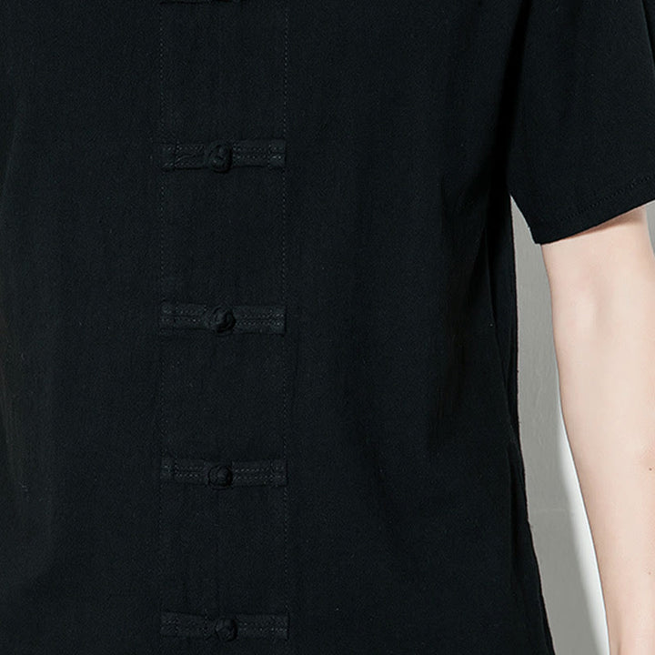 Buddha Stones Casual Jednokolorowe Przód Żaba Guziki Chiński Tang Suit Krótki Rękaw Lniana Męska Koszula - image 21