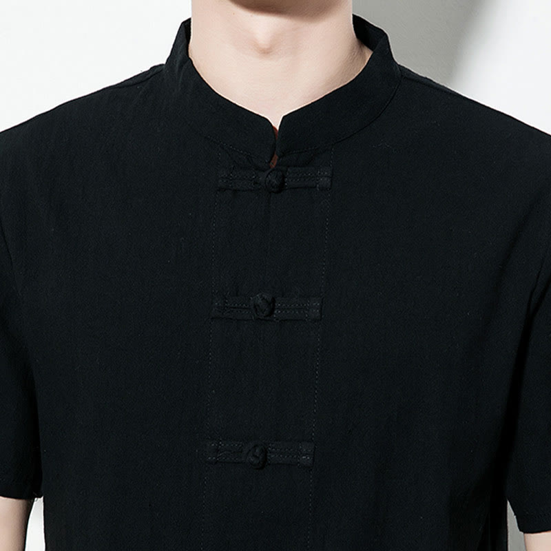 Buddha Stones Casual Jednokolorowe Przód Żaba Guziki Chiński Tang Suit Krótki Rękaw Lniana Męska Koszula - image 19